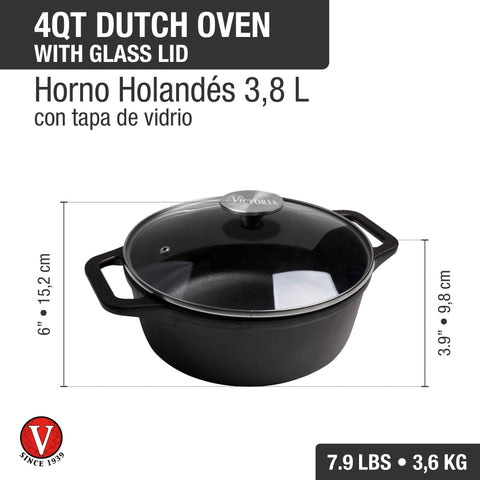 Olla dutch oven 3,8 L – hierro fundido curado con tapa vidrio