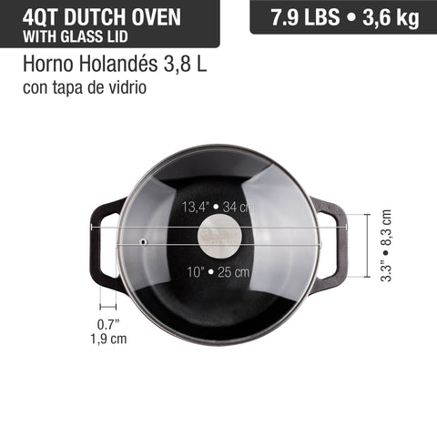 Olla dutch oven 3,8 L – hierro fundido curado con tapa vidrio